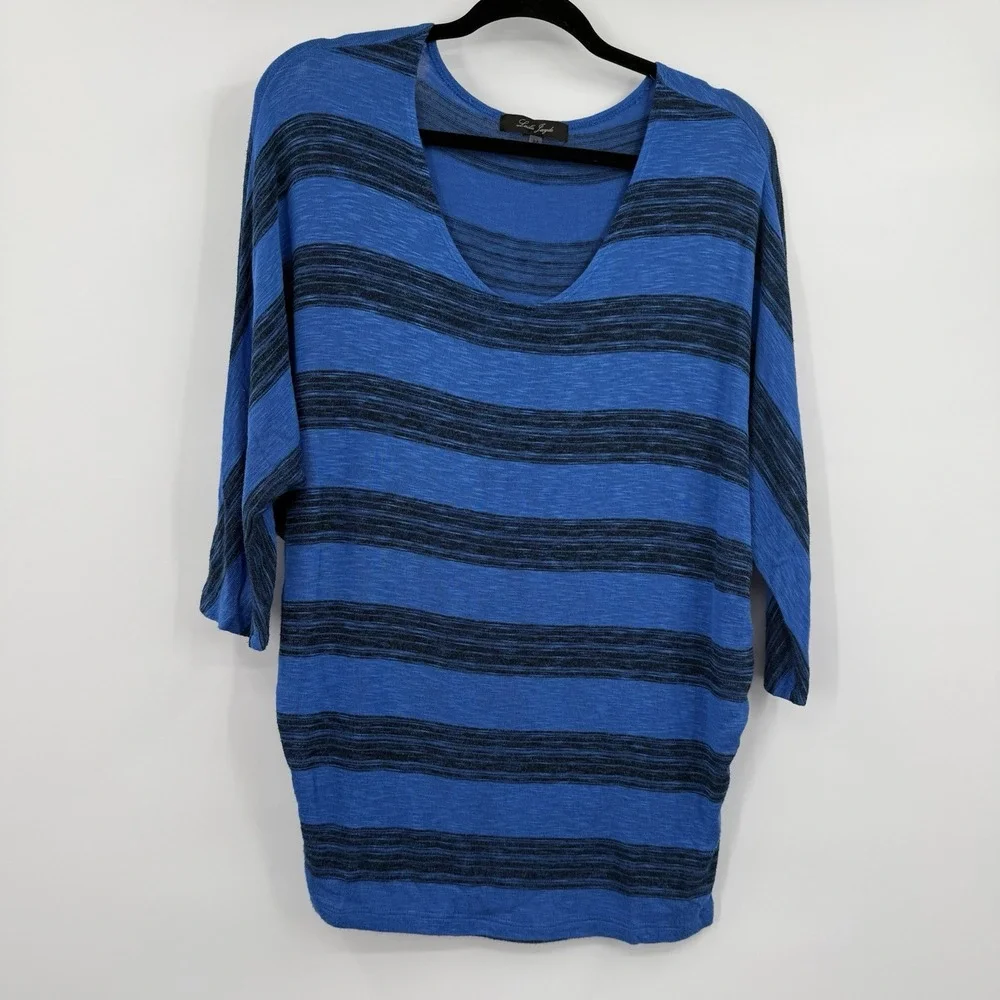 Laila Jayde Tunic Top Womens Medium Blue Black Striped Knit Dolman Boxy